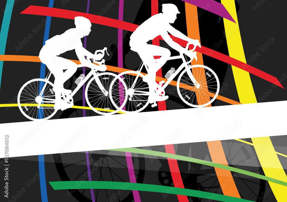 Fototapeta premium Cyclist active man and woman bicycle riders in abstract sport la