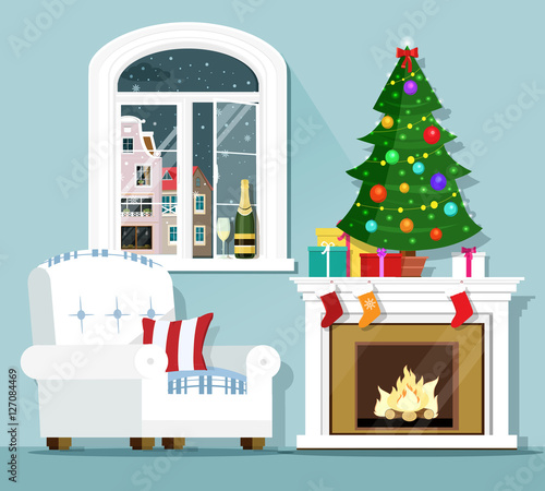 Christmas eve concept. Stylish graphic room interior: armchair, christmas tree, fireplace and window with winter landscape. Flat style vector illustration.