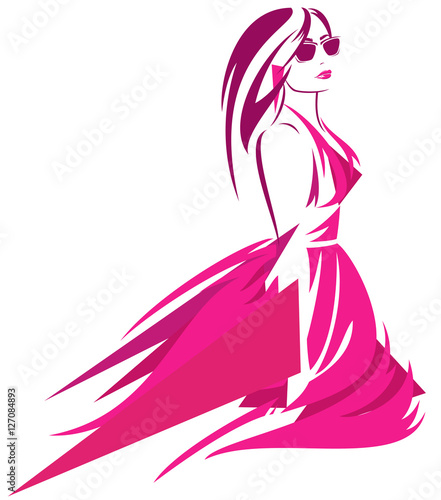 woman wearing bright pink dress and sunglasses fashion vector design
