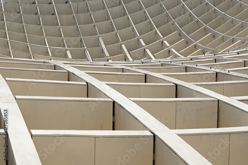 Detail of a modern roof of a contemporary building in Sevilla (Spain) made of wooden and iron boards as a symbol of futuristic architecture 
