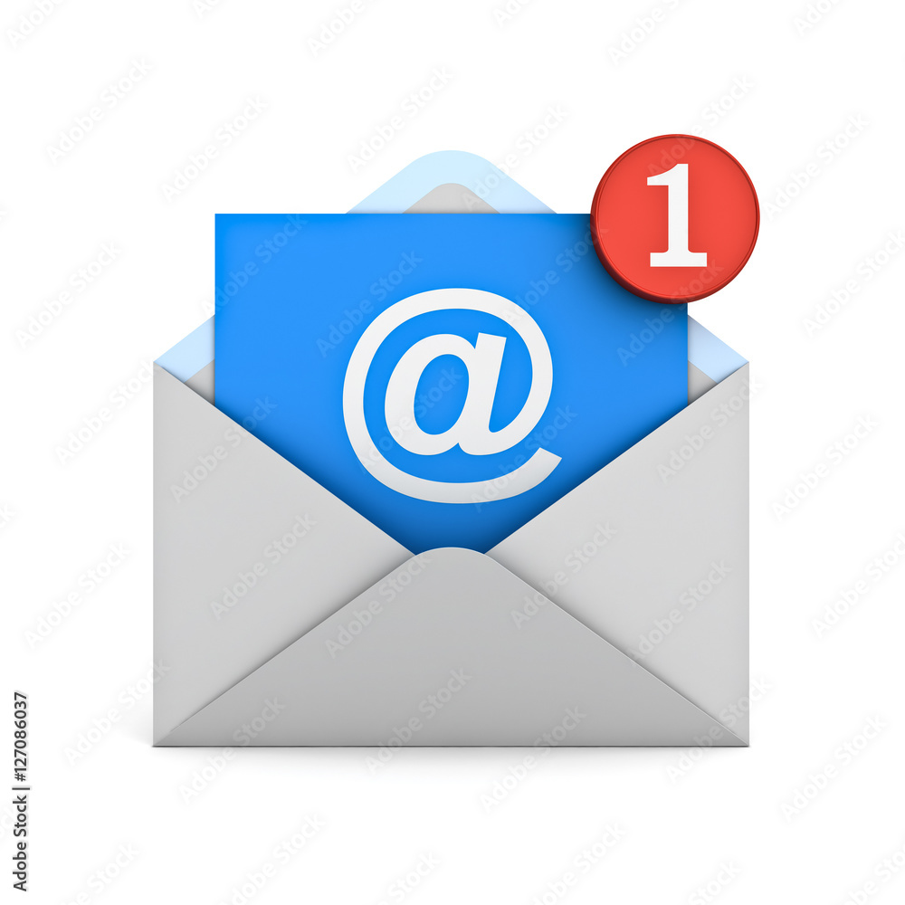 E mail notification one new email message in the inbox concept isolated on white background with shadow 3D rendering E mail notification one new email message in the inbox concept isolated on white background with shadow 3D rendering
