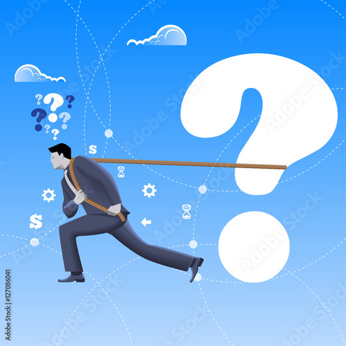 Problem solver business concept. Confident mighty businessman in business suit pulls big question mark alone. Vector illustration. Business analyst, analysis, problem and solution, hard worker.