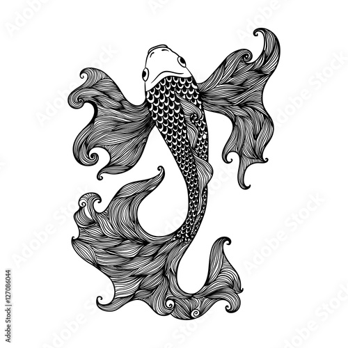 Hand drawn fish Koi carp zentangle and doodle style. symbol of harmony, wisdom. Vector illustration isolated. Spiritual art for tattoo, relaxing coloring books. Beautifully detailed, serene.