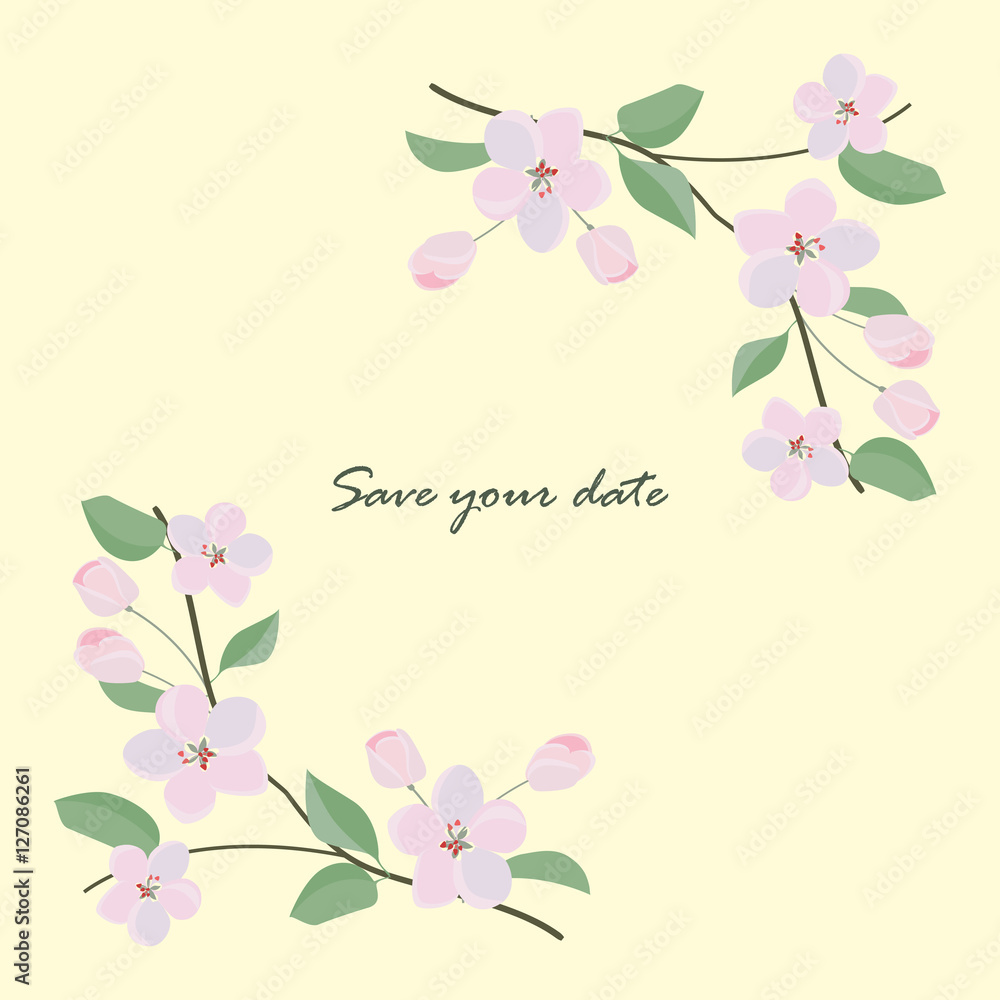 Frame from wild flowers. Unique decoration for greeting card with sakura branch, wedding invitation, save the date. Isolated floral design. Spring plant with space for your text. eps10 vector