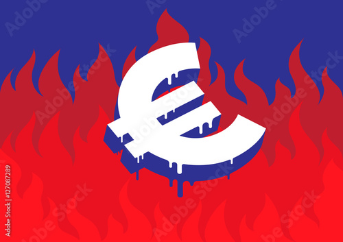 Illustration of a burning and melting Euro symbol