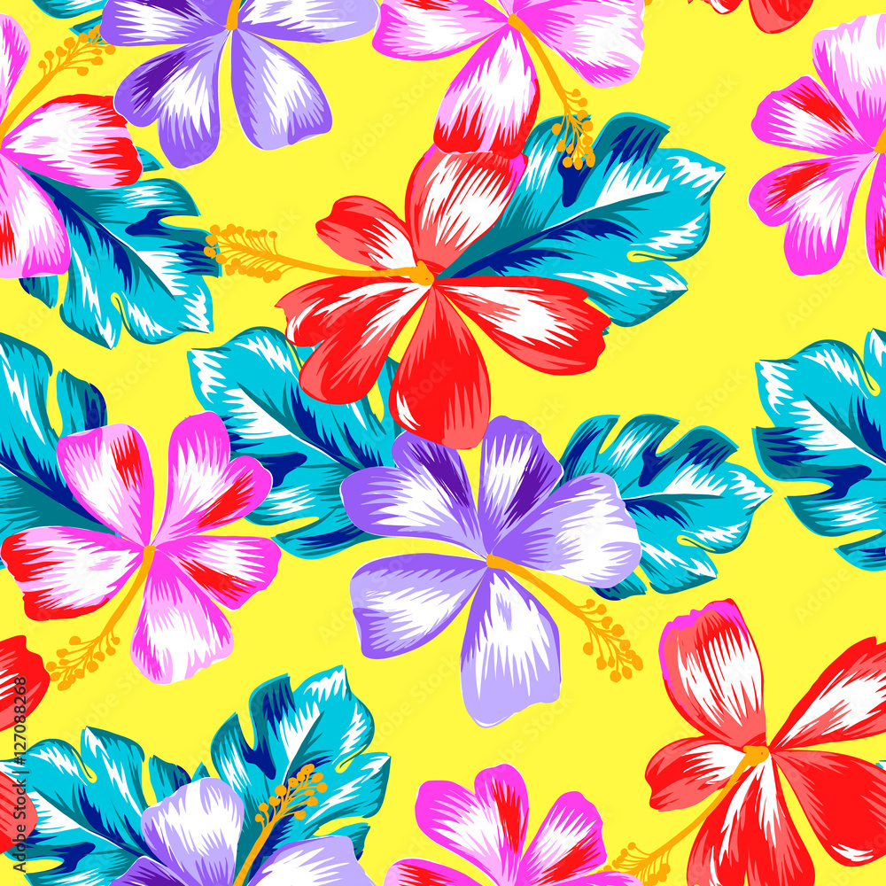 colorful tropical hibiscus print - seamless background Stock Vector ...