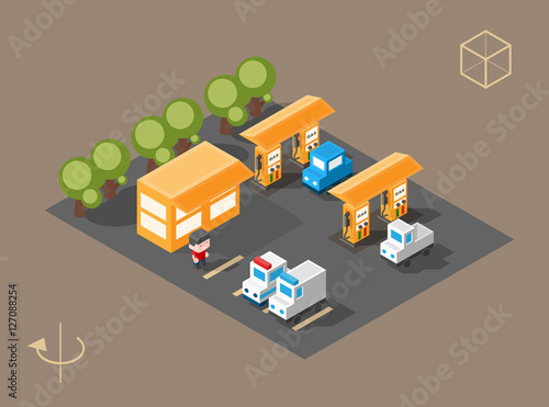 Set of Isolated Isometric Minimal City Elements. Petrol Station with Shadows on White Background.