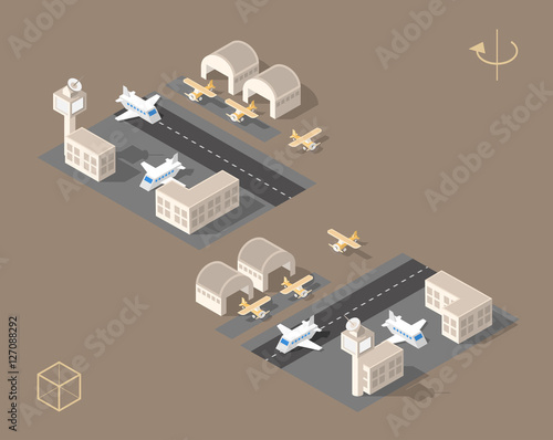 Set of Isolated Isometric Minimal City Elements. Airport with Shadows on Dark Background.