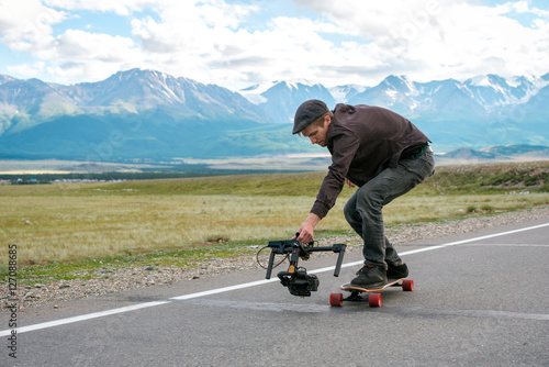 Man rides a longboard and shoot camera with electronic steadycam. Long road in the field on  background of mountains  glaciers.