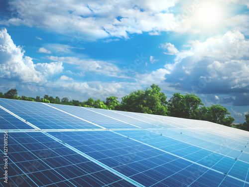 solar panels with sun and perfect sky