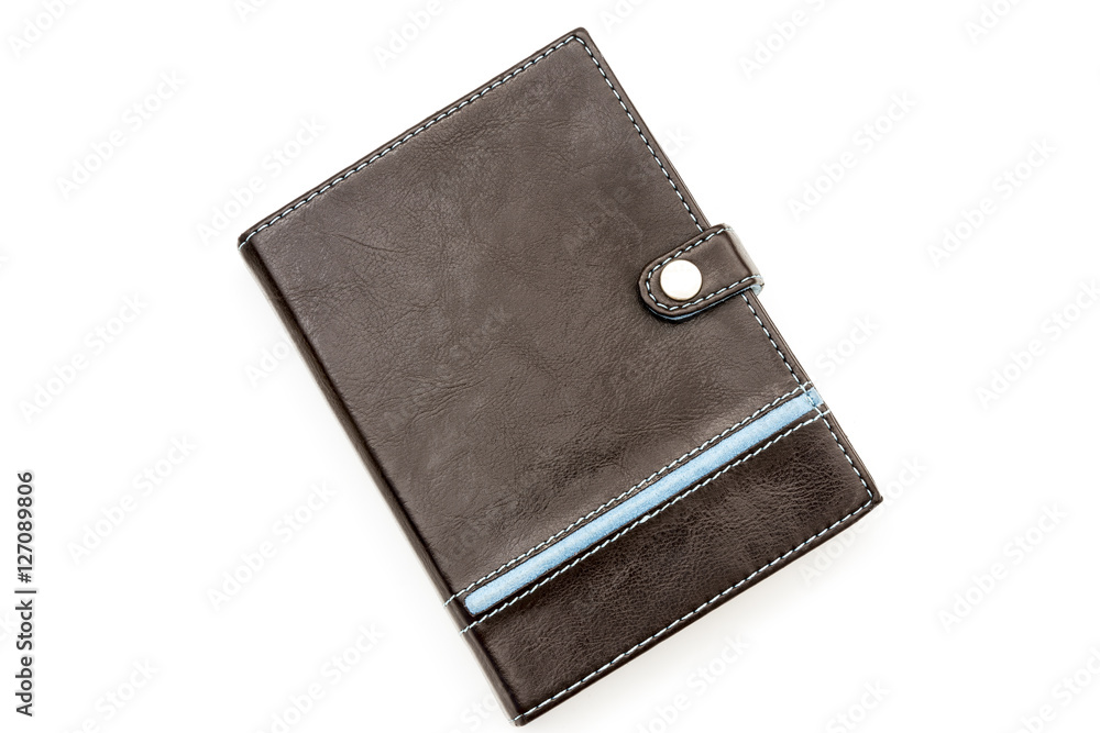 Retro styled brown leather notebook with blue stiching and strip Retro styled brown leather notebook with blue stiching and strip