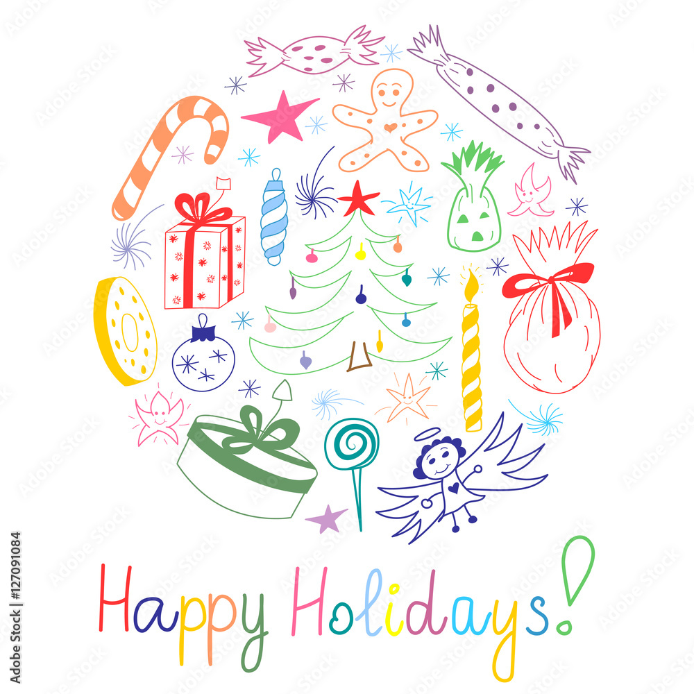 Fototapeta premium Happy Holidays! Colorful Hand Drawn Funny Doodle Holiday Set with Candies, Gifts, Candle, Fir Trees, Angel, Stars. Children Drawings Arranged in a Circle. Perfect for festive design. Vector.