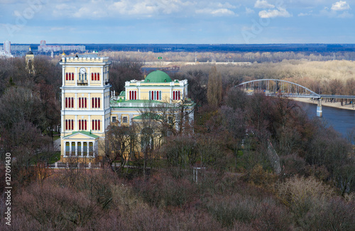 Top view of spring park and Rumyantsev-Paskevich Palace, Gomel, Belarus