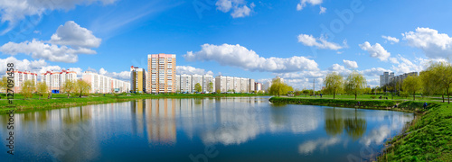 Residential buildings in recreation area with cascade of lakes, Gomel, Belarus