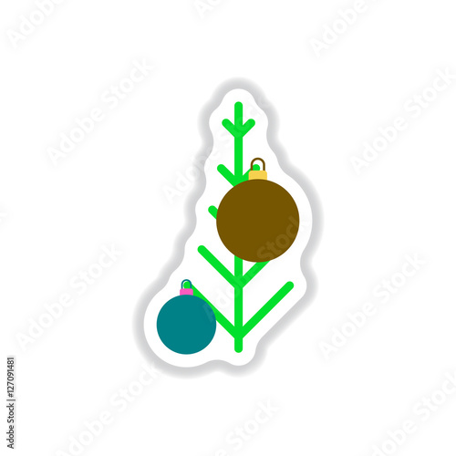 Vector illustration in paper sticker style christmas tree decorated with balls