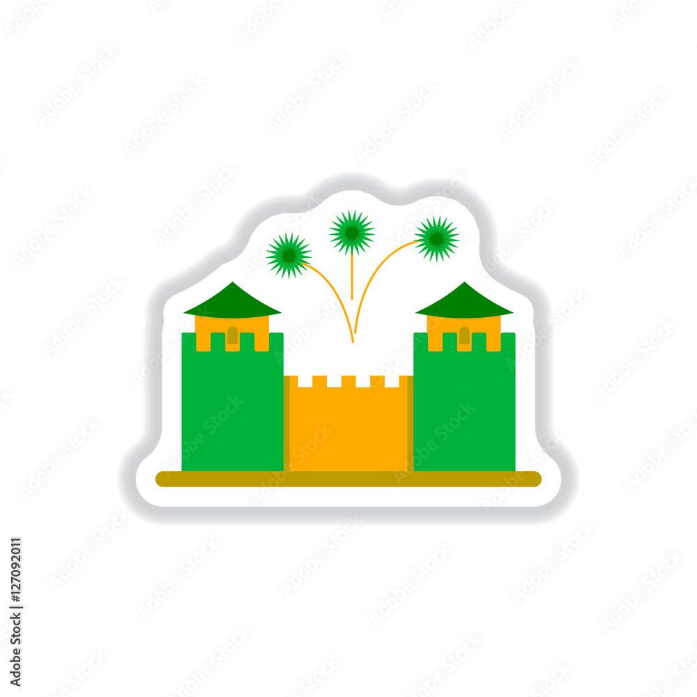 Vector illustration of Chinese new year celebration in paper sticker style Great wall of China and fireworks