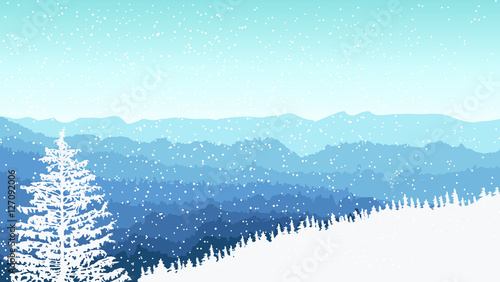   Mountains  landscape and coniferous trees. Blue shades. Winter. Cold. Snowing.