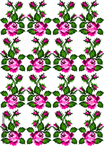 Color image of flowers (roses) using traditional Ukrainian embroidery elements. Can be used as pixel art. Seamless pattern. Pink and green tones.