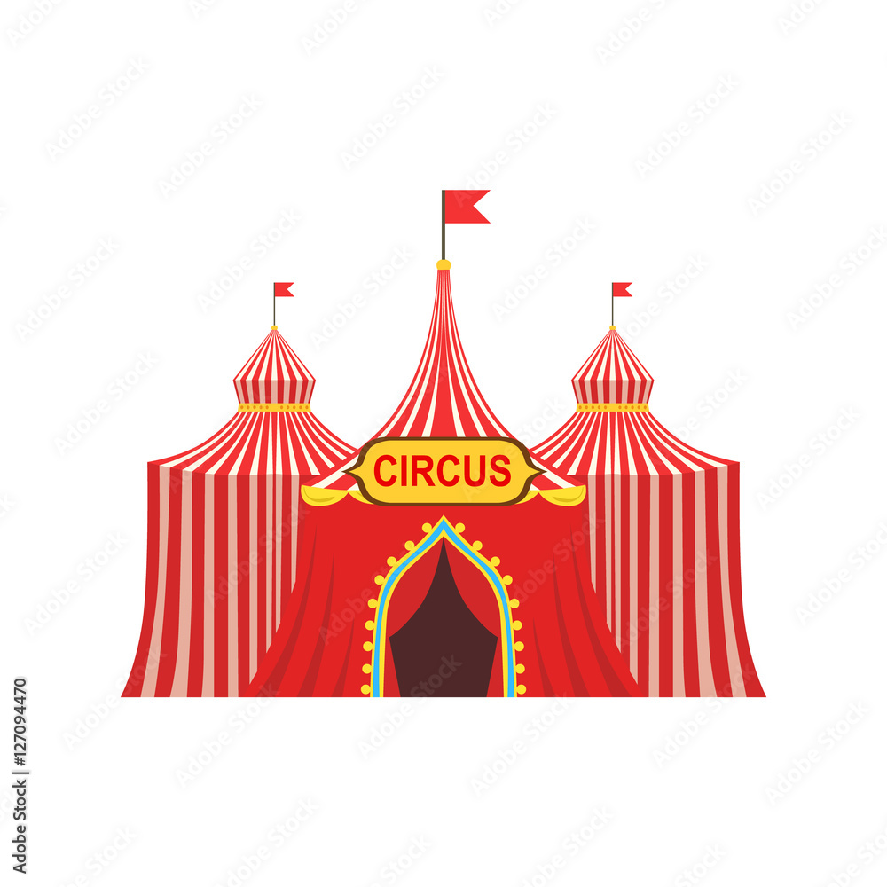 Circus Temporary Tent In Stripy Red Cloth With Flags And Entrance Sign Circus Temporary Tent In Stripy Red Cloth With Flags And Entrance Sign