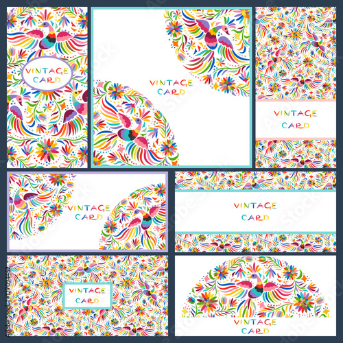 Vector set of artistic creative business cards with Floral Mexican embroidery pattern and ornaments. Hand Drawn textures. Applicable for wedding, anniversary, birthday, Valentine day, party. Design