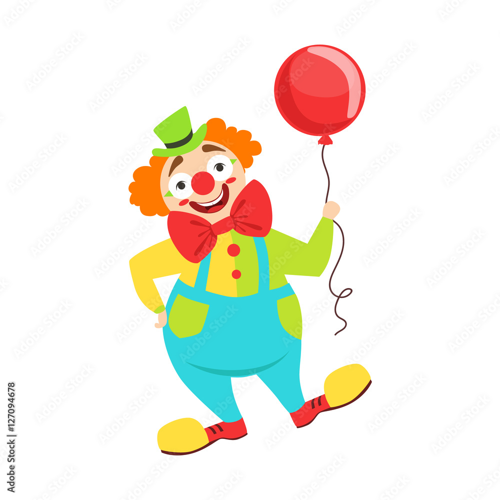 Naklejka premium Circus Clown Artist In Classic Outfit With Red Nose And Make Up Holding A Balloon In The Circus Show