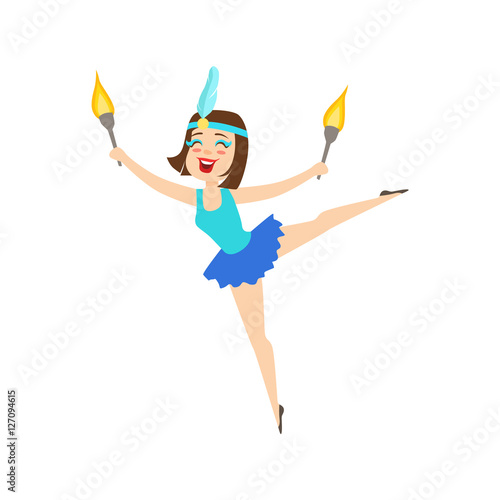 Circus Girl Gymnast In Blue Tutu Artist Performing Acrobatic Dance With Burning Torches For The Circus Show