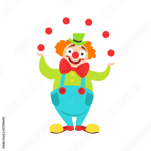 Circus Clown Artist In Classic Outfit With Red Nose And Make Up Performing Juggling Stunt For The Circus Show