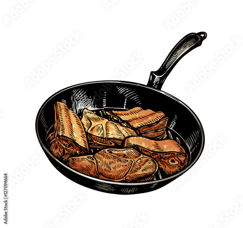 Cuisine. Pan and meat. Vector illustration