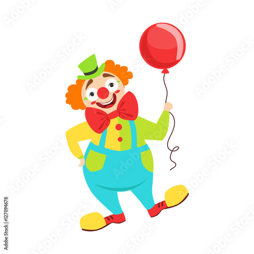 Circus Clown Artist In Classic Outfit With Red Nose And Make Up Holding A Balloon In The Circus Show