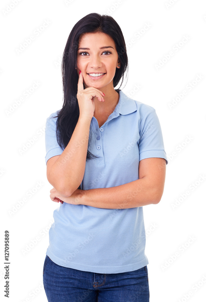 Young pensive woman on a white background Young pensive woman on a white background