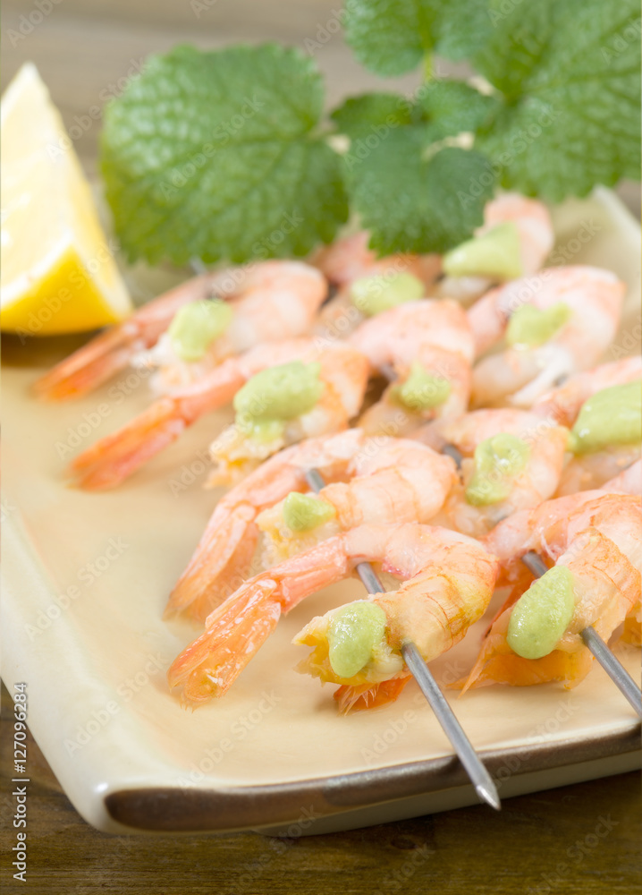 shrimp on skewers with wasabi sauce shrimp on skewers with wasabi sauce