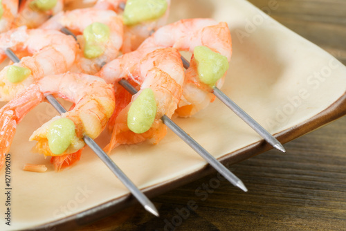shrimp on skewers with wasabi sauce