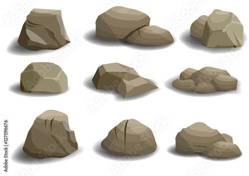 Set of different natural stones or rocks on a white background. Vector graphics