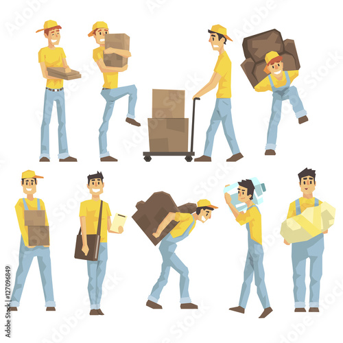 Delivery And Moving Company Employees Carrying Heavy Objects, Delivering Shipments And Helping With Removal Set Of Illustrations