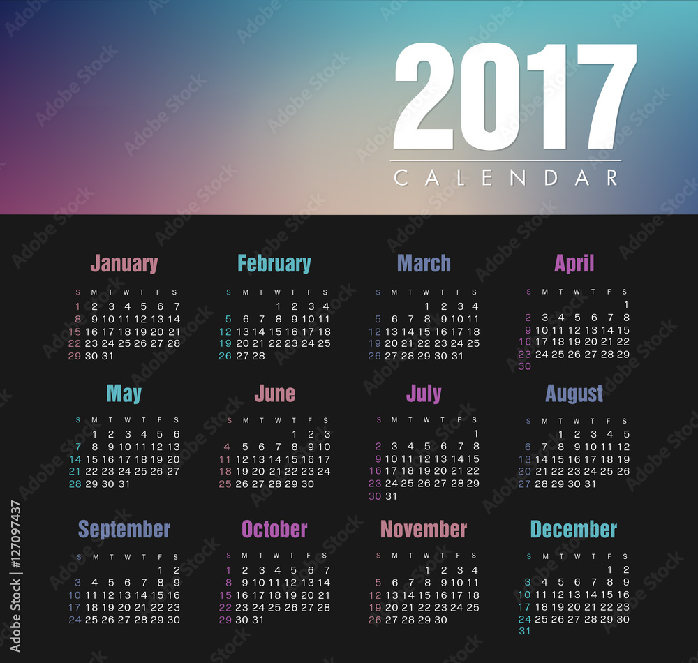 Vector Calendar 2017 year. Week Starts Sunday Vector Calendar 2017 year. Week Starts Sunday