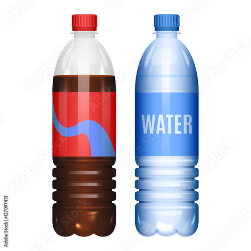 Bottles of water and cola soda. Vector illustration.