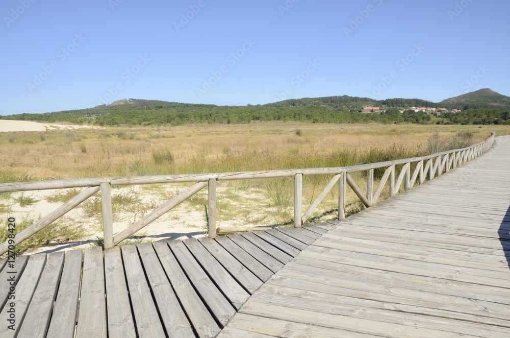 Wooden pathway at the Dunes in Galicia, Spain