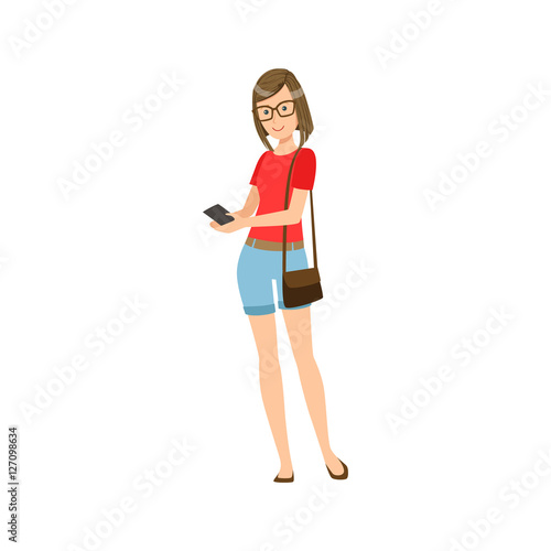 Happy Hipster Girl Wearing Glasses Using Smartphone, Part Of Women Different Lifestyles Collection