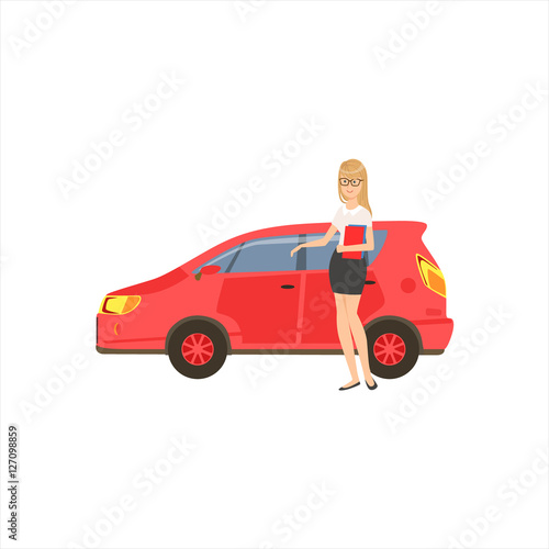 Happy Self-made Business Lady With Her Red Car In Office Dress Code Outfit Clothing, Part Of Women Different Lifestyles Collection