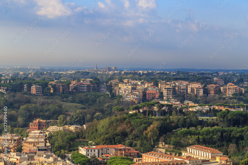 View from the dome of St. Peter's, Rome's streets, green hills