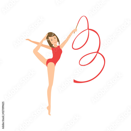 Professional Rhythmic Gymnastics Sportswoman In Red Leotard Performing An Element With Ribbon Apparatus