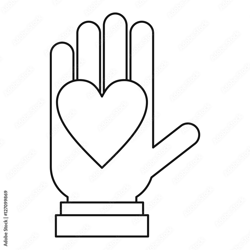 Hand with heart icon. Outline illustration of hand with heart vector icon for web design