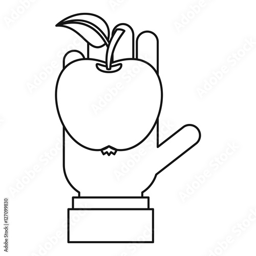 Apple in hand icon. Outline illustration of apple in hand vector icon for web design