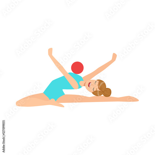 Professional Rhythmic Gymnastics Sportswoman In Blue Leotard Performing An Element With Ball Apparatus