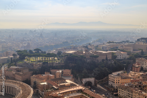 View from the dome of St. Peter's, Rome's streets, mountains on the horizon