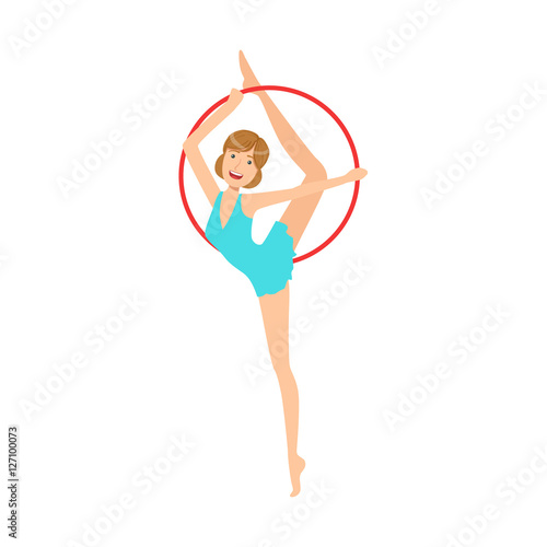 Professional Rhythmic Gymnastics Sportswoman In Blue Dress Performing An Element With Hoop Apparatus