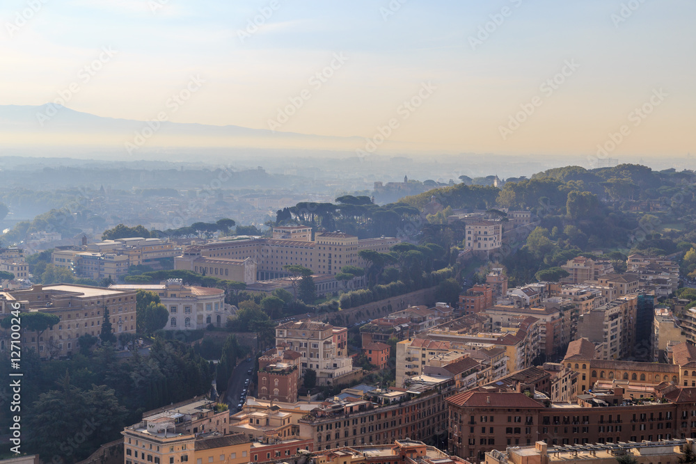 View from the dome of St. Peter's, the streets and hills of Rome