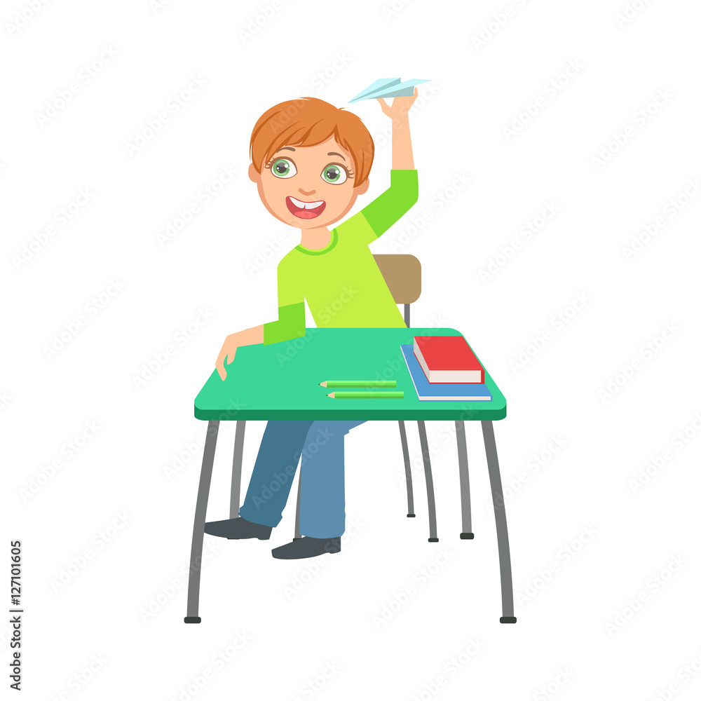 Schoolboy Sitting Behind The Desk In School Class Playing Paper Planes Illustration, Part Of Scholars Studying Vector Collection. Schoolboy Sitting Behind The Desk In School Class Playing Paper Planes Illustration, Part Of Scholars Studying Vector Collection.