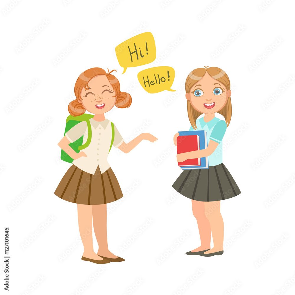 Schoolgirls Chatting In School Break Wearing School Uniforms, Part Of Scholars Studying Vector Collection. Schoolgirls Chatting In School Break Wearing School Uniforms, Part Of Scholars Studying Vector Collection.