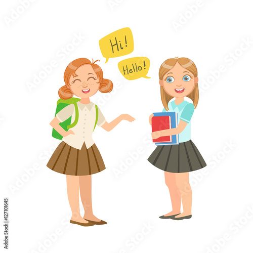 Schoolgirls Chatting In School Break Wearing School Uniforms, Part Of Scholars Studying Vector Collection.